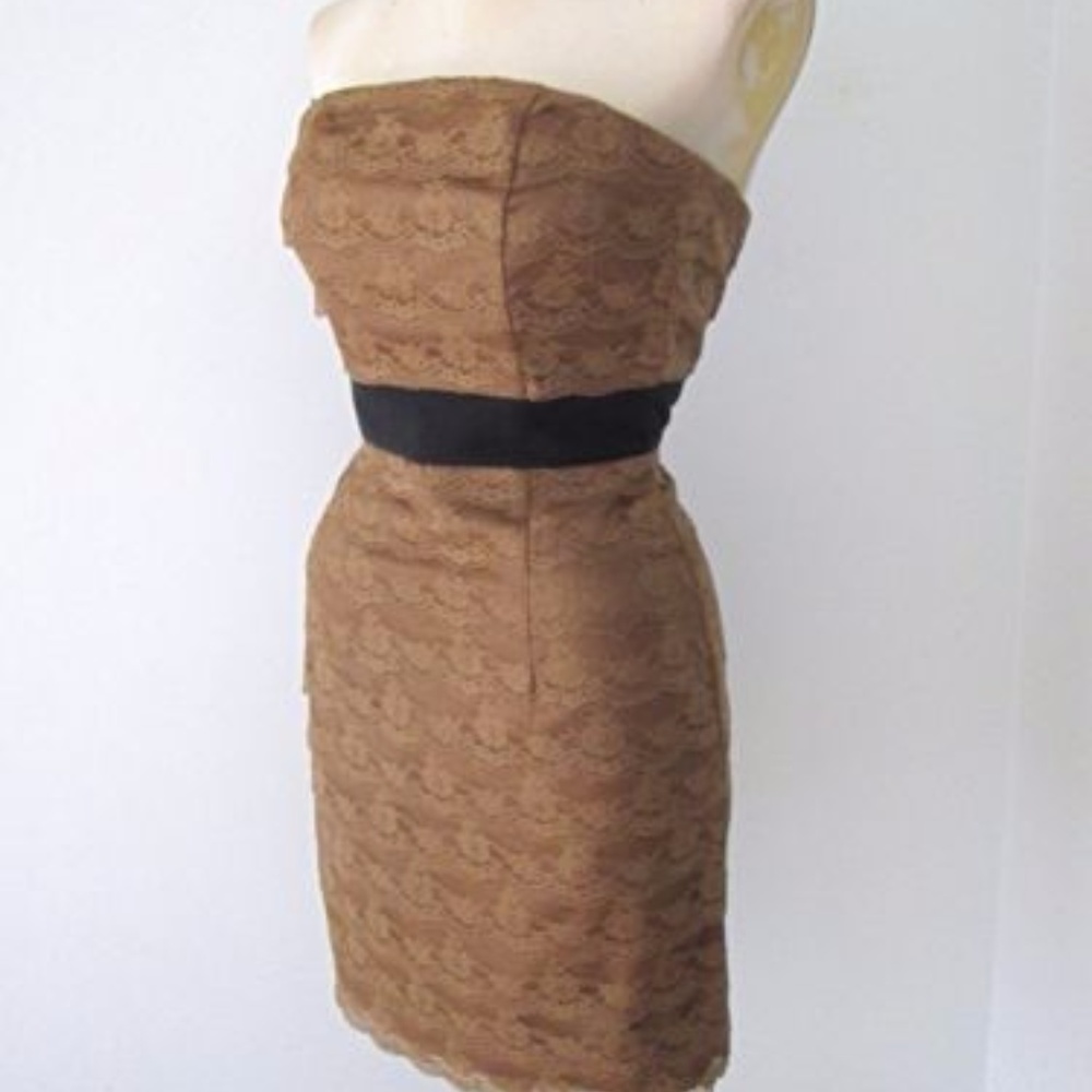 Mocha Brown Tiered Ribbon Lace Strapless Dress
